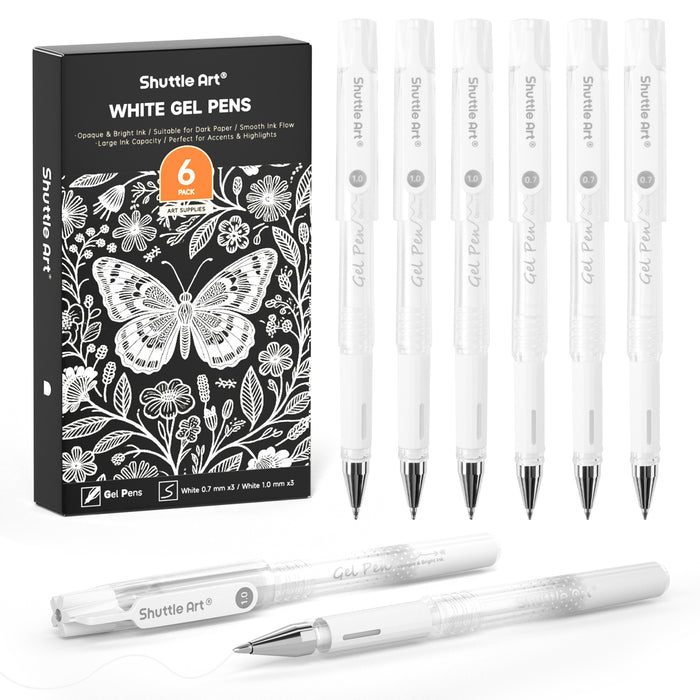 White Gel Pens - Set of 6 Pack 0.7mm, 1.0mm Gel Ink Pens