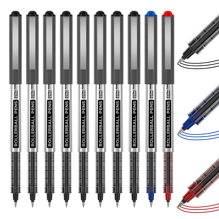 Liquid Ink Rollerball Pens - Set of 10 (8 black 1 blue 1 red)