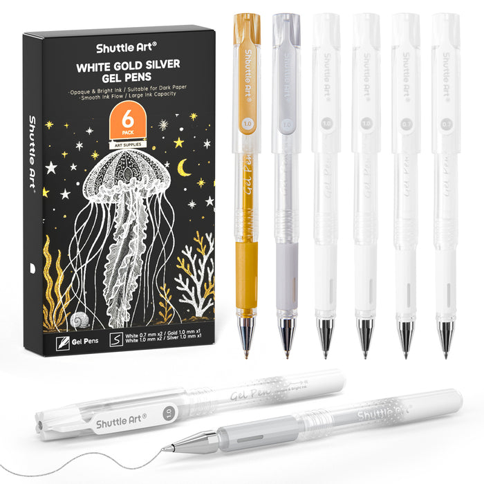 Gold Silver Gel Pens- Set of 6 Pack 0.7mm, 1.0mm Metallic Gel Ink Pens