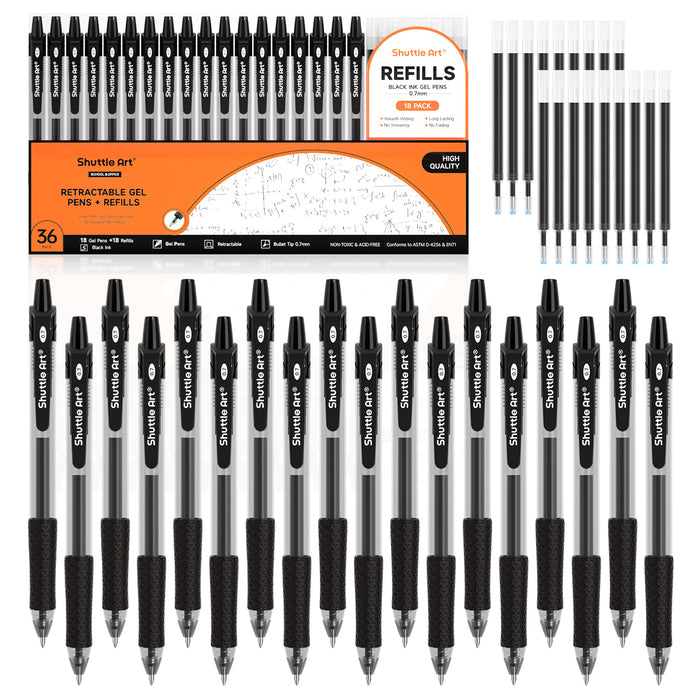 Retractable Black Gel Pens, 18 Gel Pens with 18 Refills - Set of 36