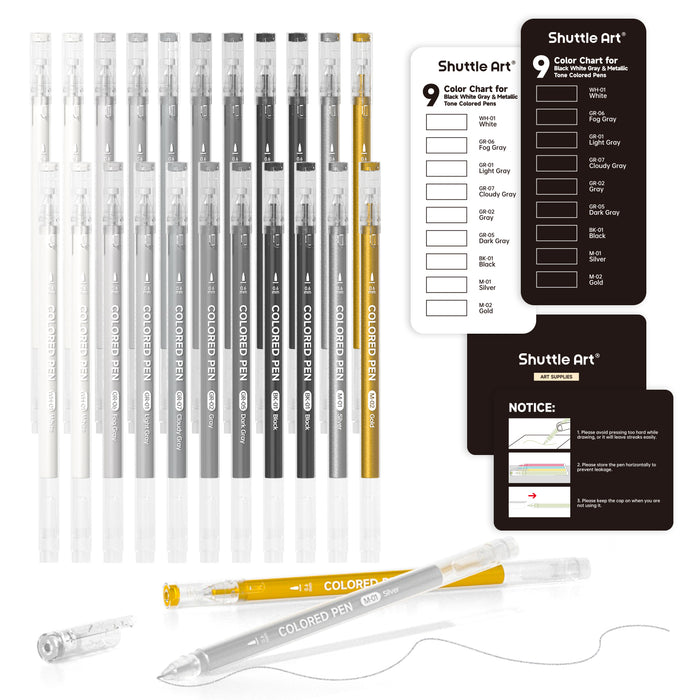 22 Black White Gray & Metallic Tone Colored Pens- Set of Journal Pens, 0.6mm Fine Point