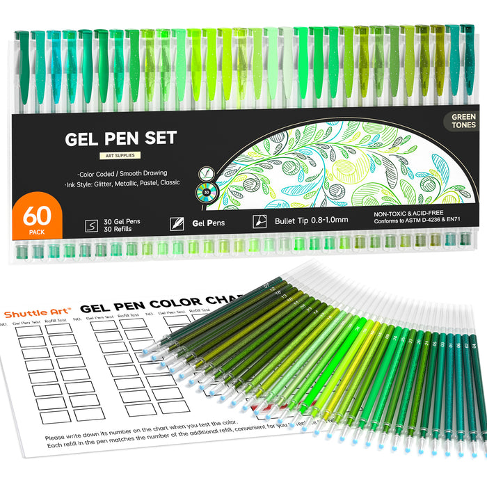 Green Tone Gel Pens- Set of 30 with 30 Refills