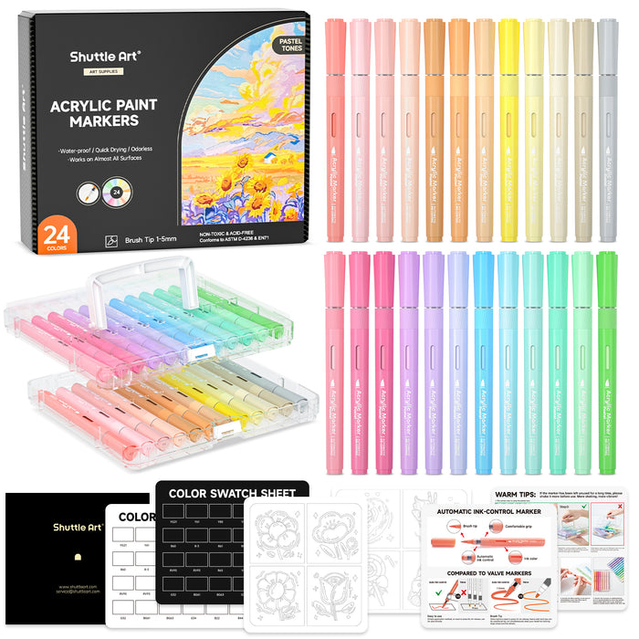 Art Automatic Ink Control Acrylic Paint Markers- Set of 24 Pastel Colors, Brush Tip