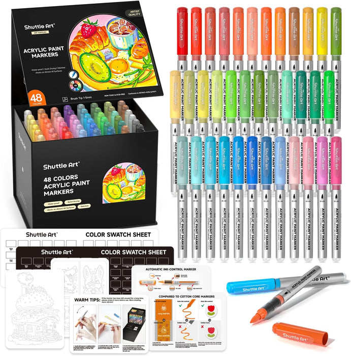 Art Automatic Ink Control Acrylic Paint Markers- Set of 48 Colors, Brush Tip