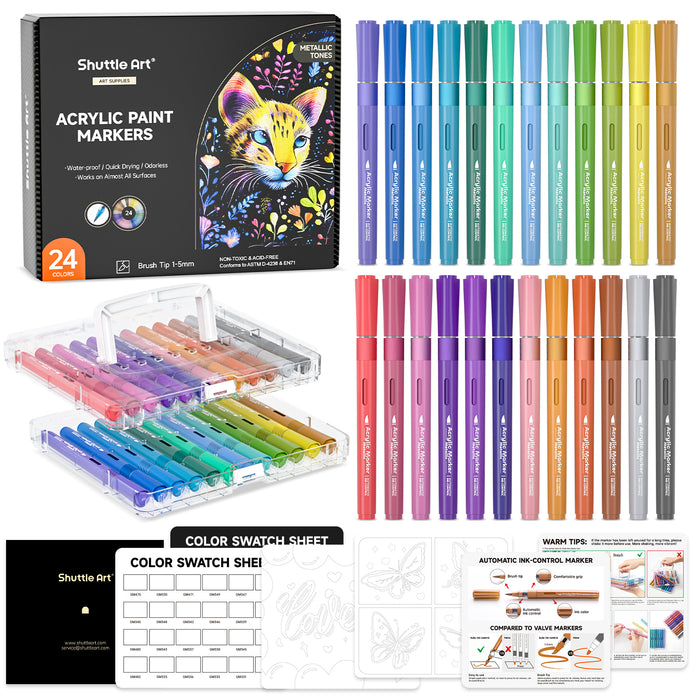 Automatic Ink Control Acrylic Paint Markers- Set of 24 Metallic Colors, Brush Tip