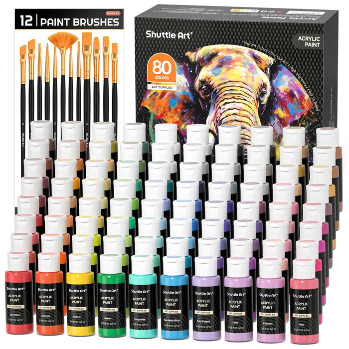 Acrylic Paint Set - 92 Pack, 80 Colors & 12 Brushes