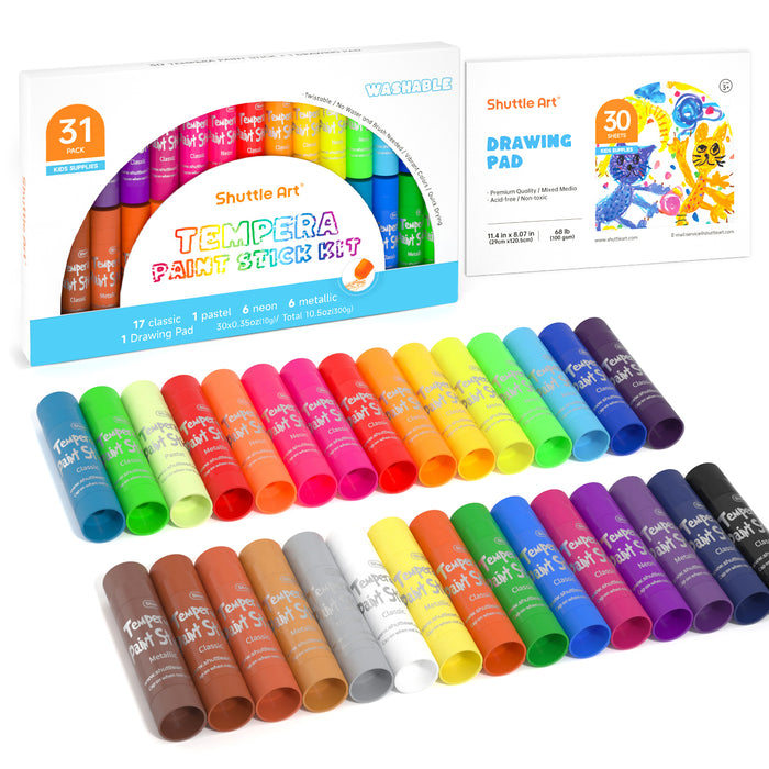 Washable Tempera Paint Sticks, 30 Colors with 1 Drawing Pad - Set of 31