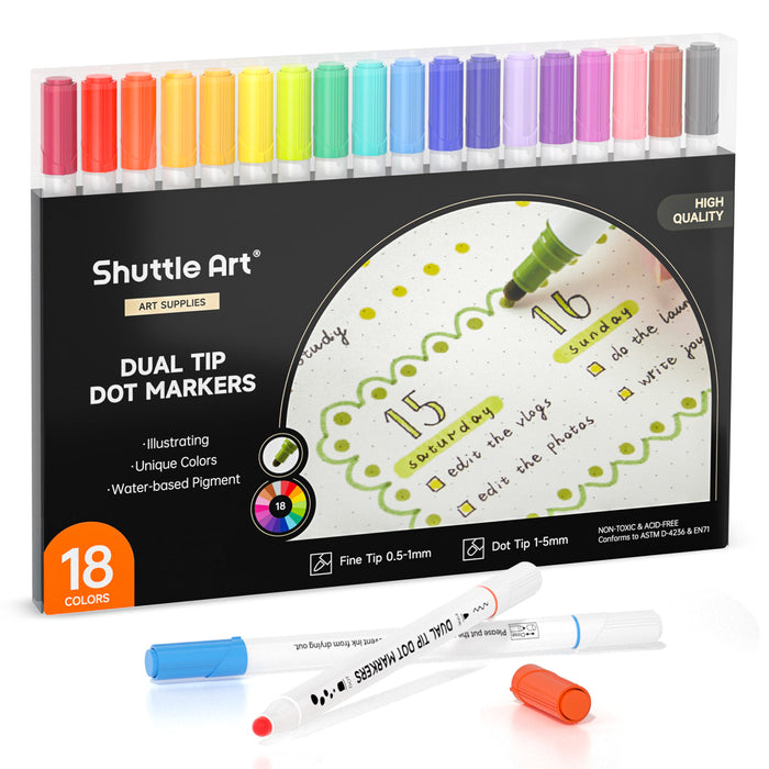 Dual Tip Dot Marker Pens - Set of 18