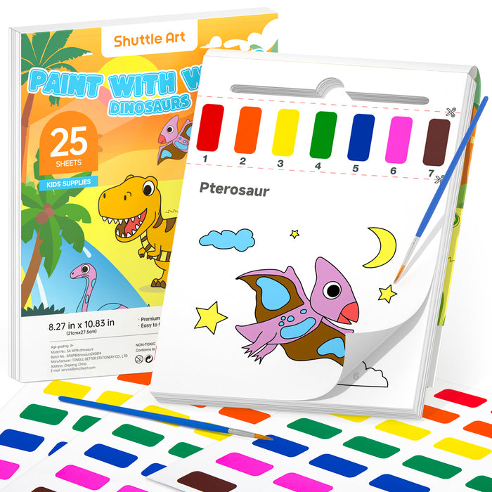 Paint with Water Coloring Book for Kids, 25 Dinosaur Themed Pages with 2 Brushes