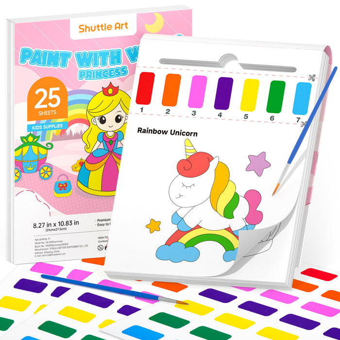 Paint with Water Coloring Book for Kids, 25 Princess Themed Pages with 2 Brushes