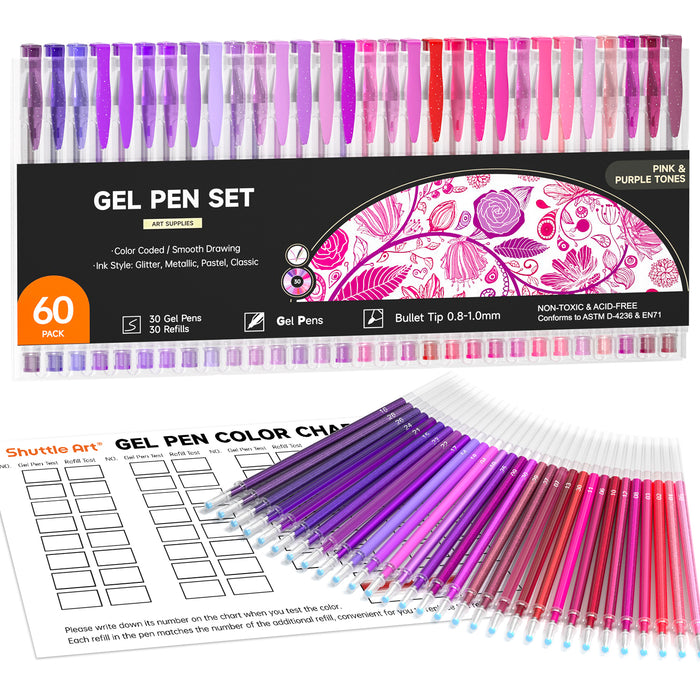 Pink Purple Gel Pens- Set of 30 with 30 Refills