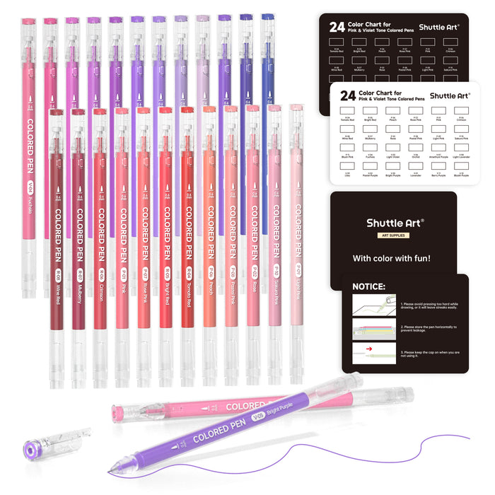 24 Pink & Purple Tone Colored Pens- Set of Journal Pens, 0.6mm Fine Point