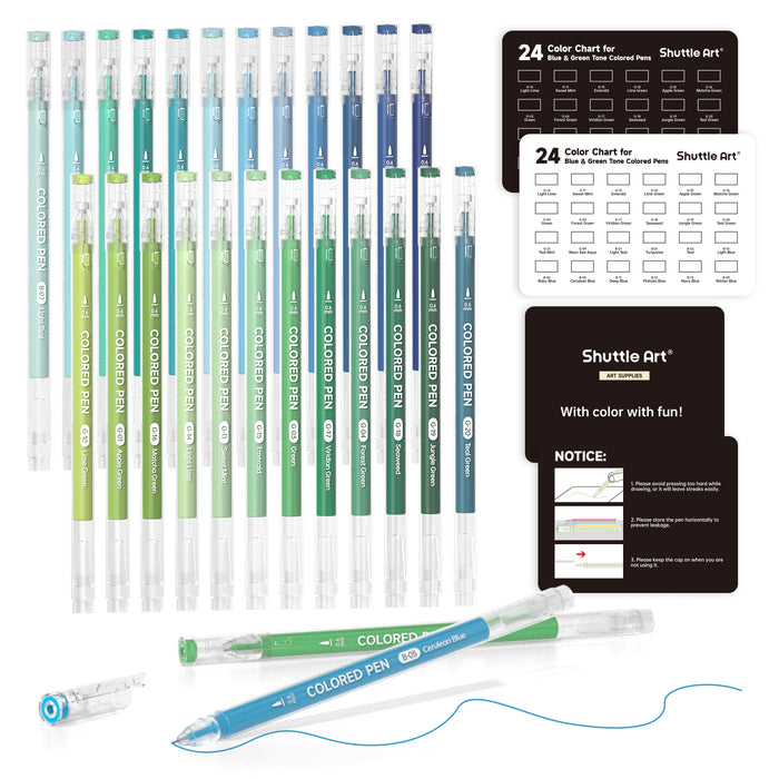 24 Blue & Green Tone Colored Pens- Set of Journal Pens, 0.6mm Fine Point