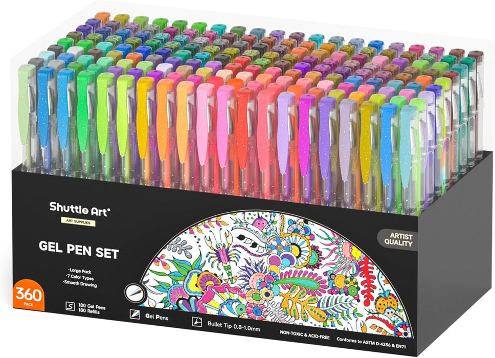 Colored Gel Pens, 180 Colors Gel Pen with 180 Refills - Set of 360