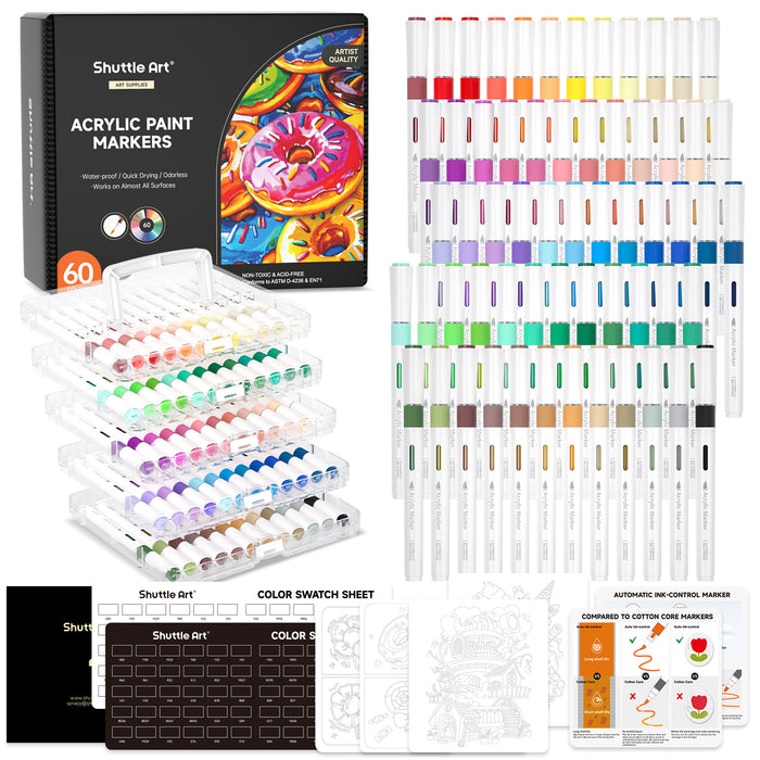 Automatic Ink Control Acrylic Paint Markers- Set of 60 Colors, Brush Tip