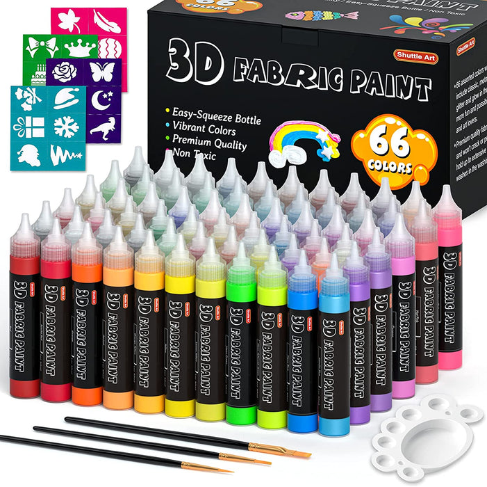 3D Fabric Paint with Stencil and Brushes - Set of 66