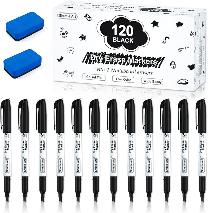 Dry Erase Markers, 120 Black + 2 Eraser