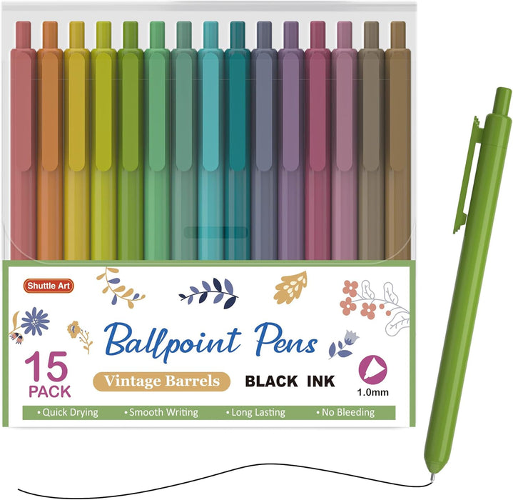 Retractable Ballpoint Pens - Set of 15 Vintage Barrels, Black Ink