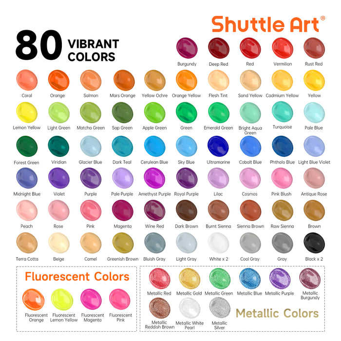 Acrylic Paint Set -  92 Pack, 80 Colors & 12 Brushes