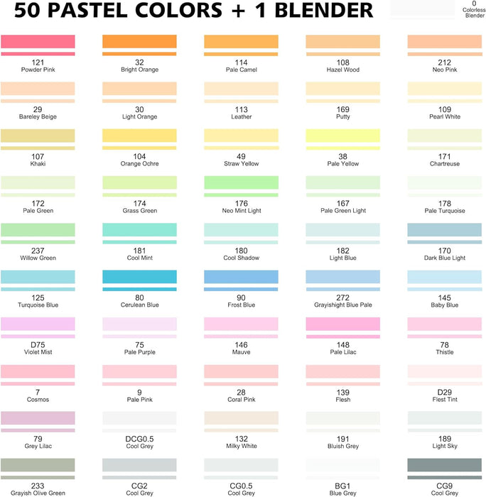 Dual Tip Brush & Chisel Tip Art Marker - Set of 50 Pastel Colors