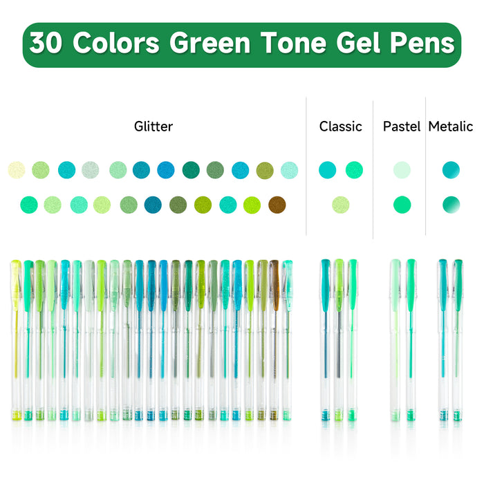 Green Tone Gel Pens- Set of 30 with 30 Refills