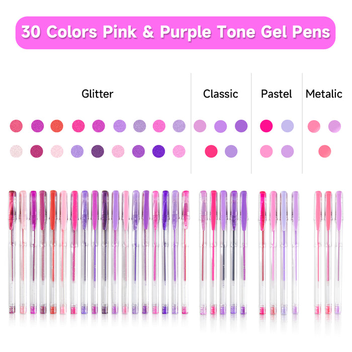 Pink Purple Gel Pens- Set of 30 with 30 Refills
