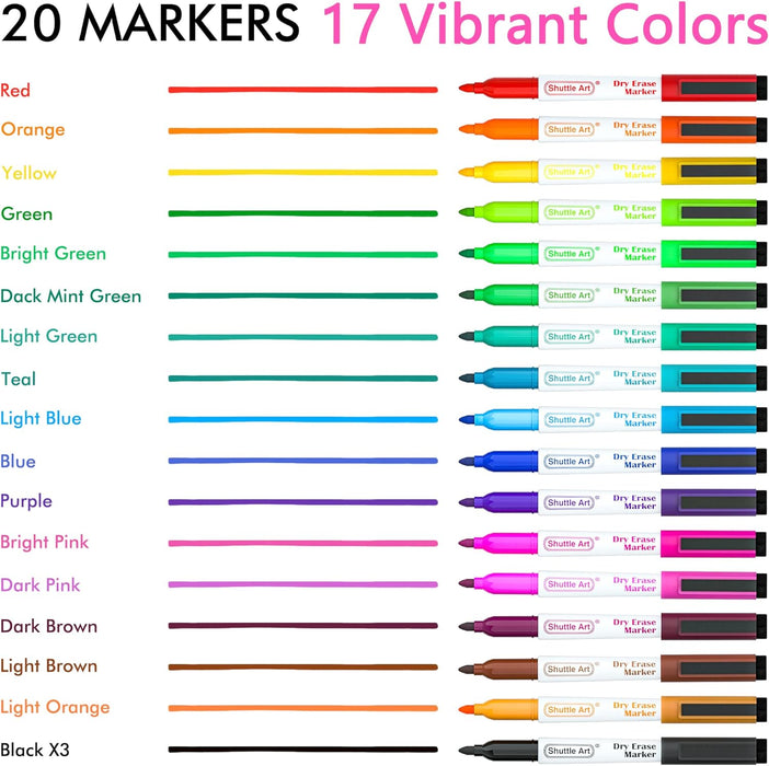 Dry Erase Markers, 20 Pack, 17 Colors + 3  Black