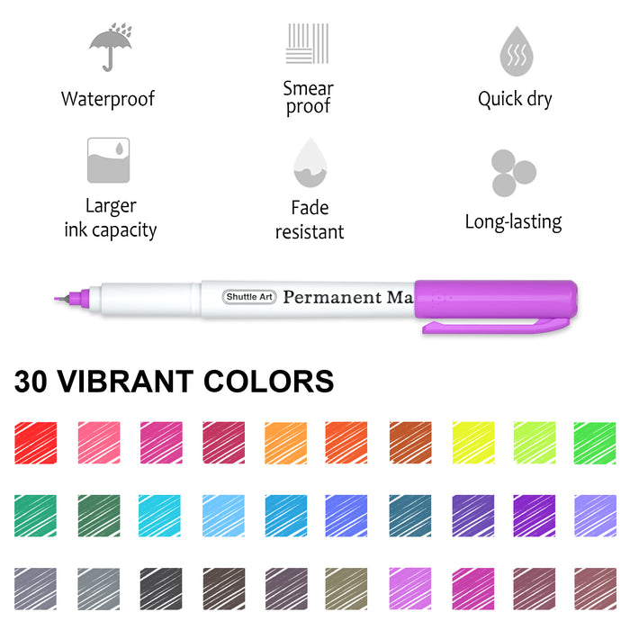 Colored Permanent Markers, Ultra Fine Point - Set of 30