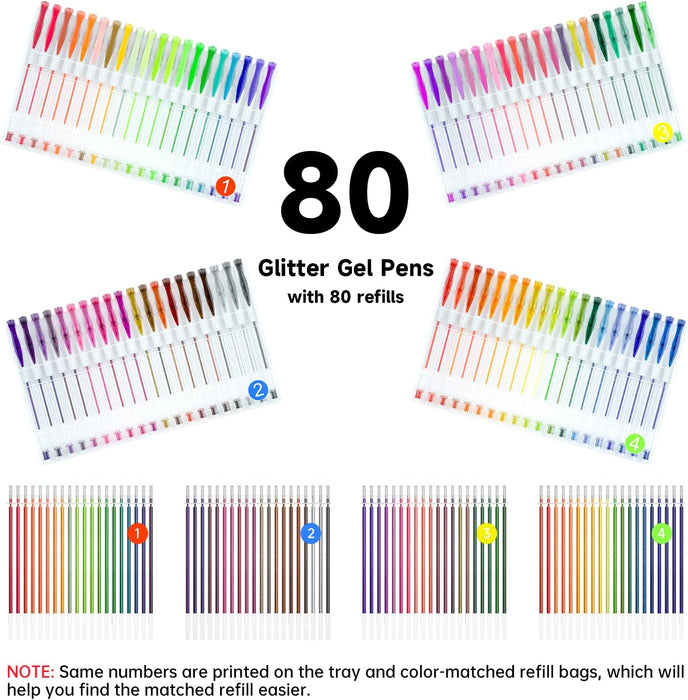 Colored Glitter Gel Pens, 80 Colors Gel Pen with 80 Refills - Set of 160