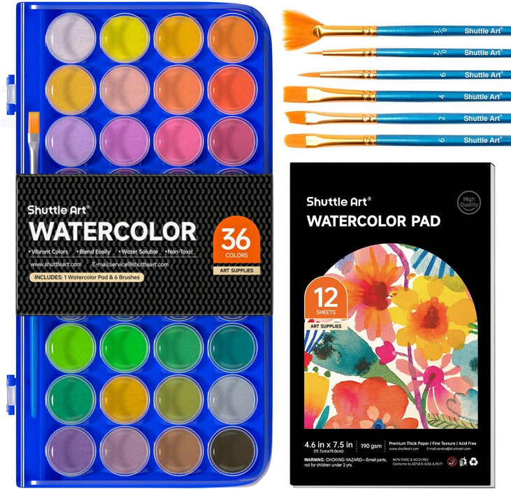 Watercolor Paint, 36 Colors, 6 Brushes, 1 Watercolor Pad - Set of 43