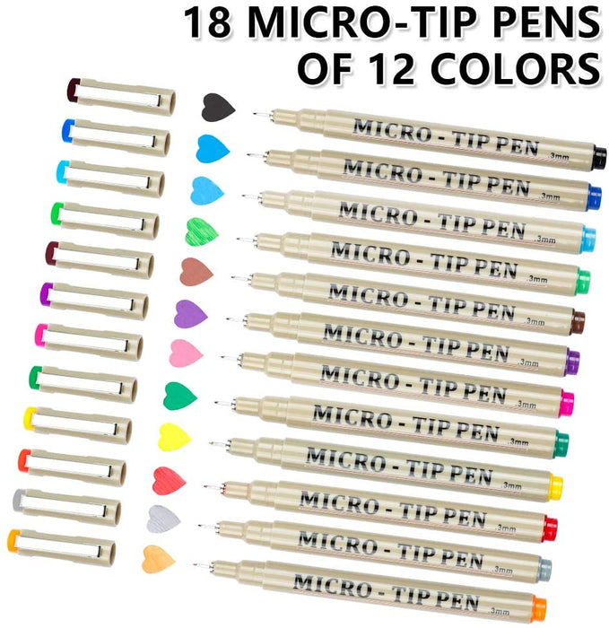 Professional Micro-Tip Pens - Set of 18