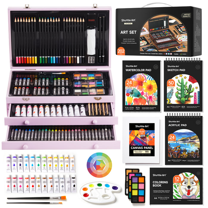 Deluxe Gift Art Kit - Set of 202-Piece, Wooden Art Supplies