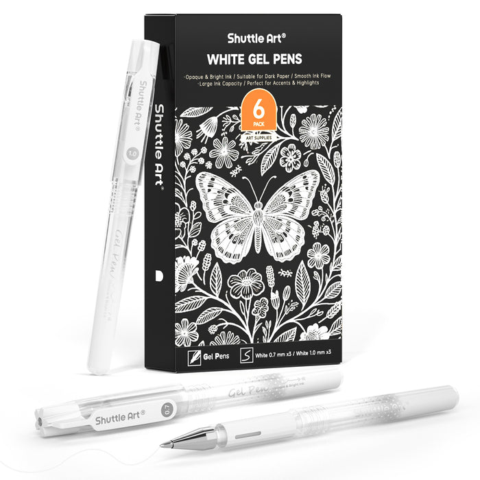 White Gel Pens - Set of 6 Pack 0.7mm, 1.0mm Gel Ink Pens