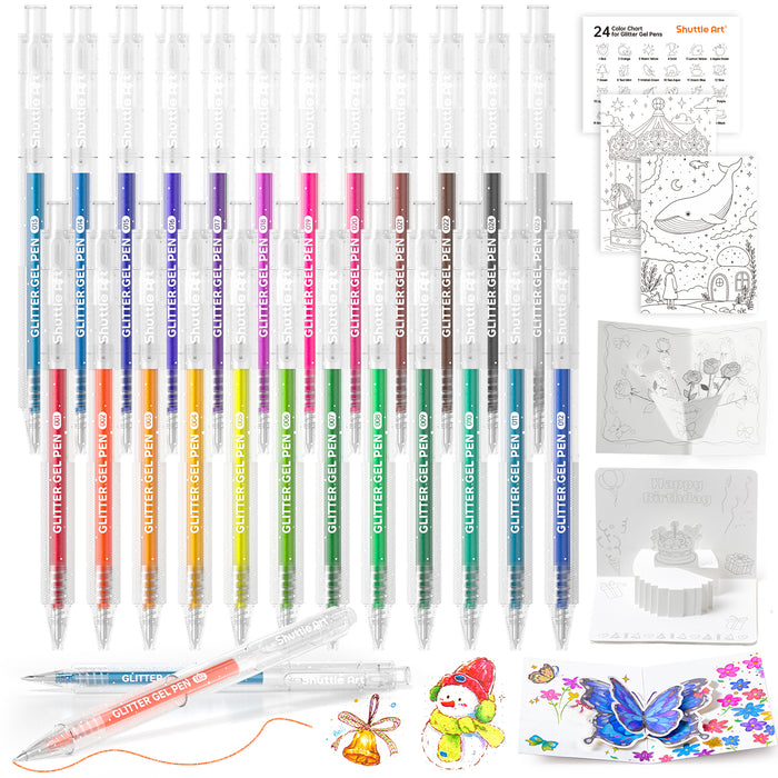 Retractable Glitter Colored Gel Pens - Set of 24 Vibrant Sparkle, 1.0mm