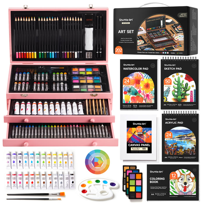 Deluxe Gift Art Kit, 202-Piece Wooden Art Supplies Set with 4 Drawing Pads