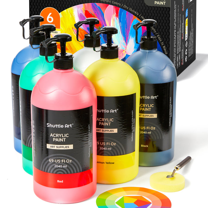 Acrylic Paint Set, 69oz/2040ml Large Capacity Pump Bottles - Set of 6