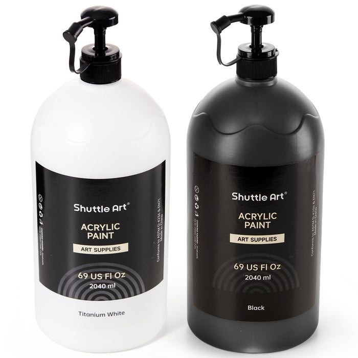 Titanium White & Black Acrylic Paint,  Large Capacity Pump Bottles - Set of 2×69oz/2040ml