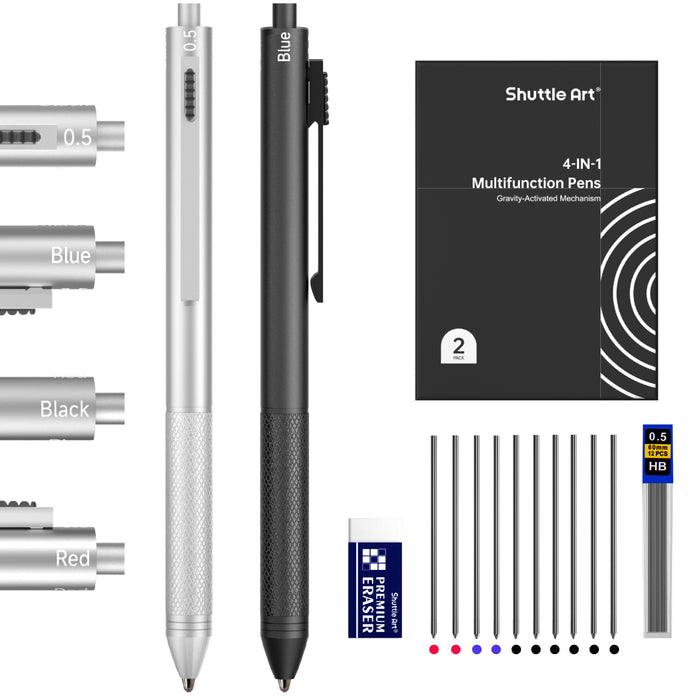 4 in 1 Multicolor Pen, 2 Pack Retractable Ballpoint Pens with 1.0mm Black Blue Red Ink and 0.5mm Mechanical Pencil