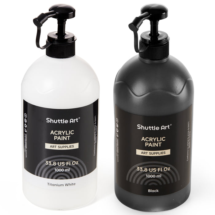 Titanium White & Black Acrylic Paint, Large Capacity Pump Bottles with Covers - Set of 2×33.8oz/1000ml