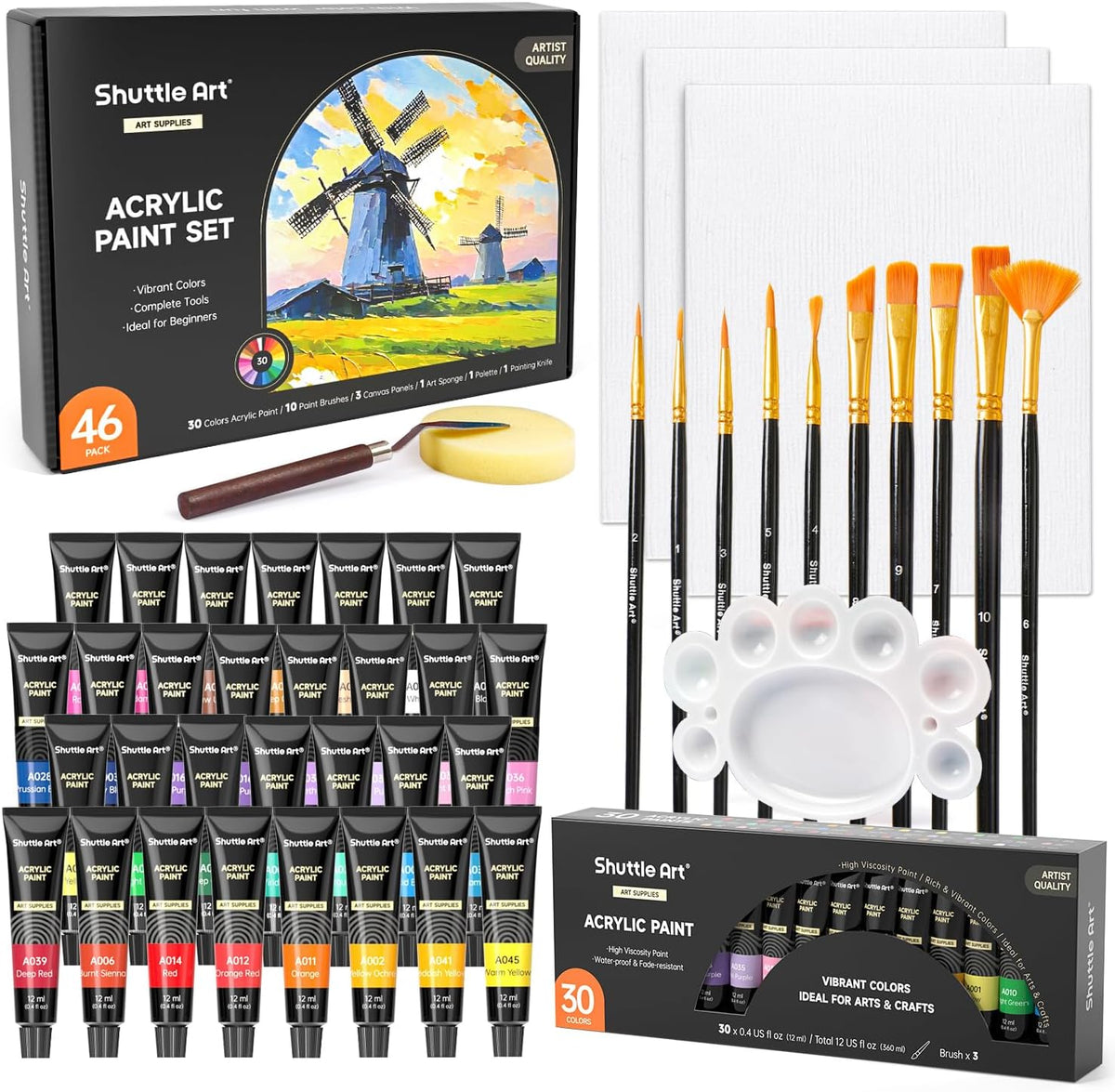 Acrylic Paint, 30 Color 12ml Tubes - Set of 46 — Shuttle Art