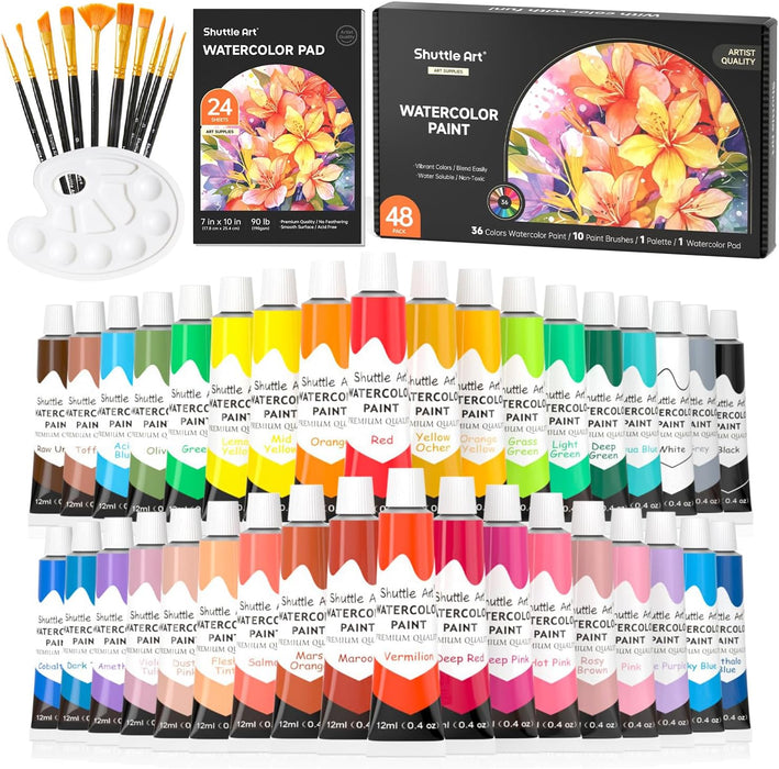 Watercolor Paint, 12ml Tube with 3 Brushes - Set of 48