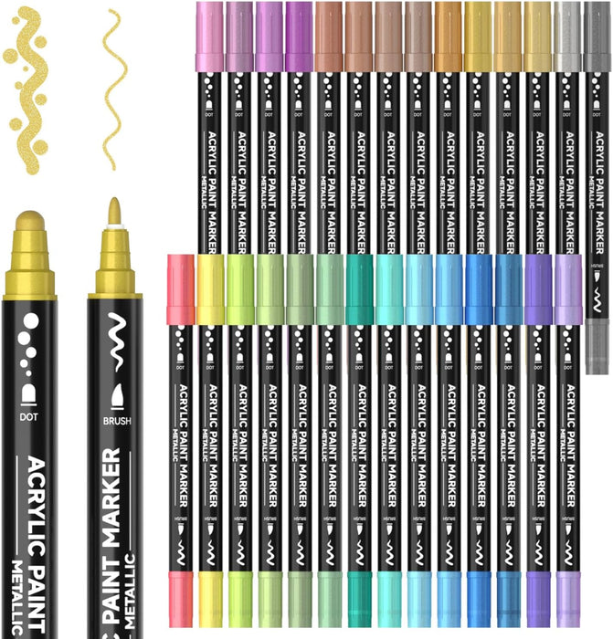 Dual Tip Acrylic Paint Markers, Dot Tip and Fine Tip 28 Metallic