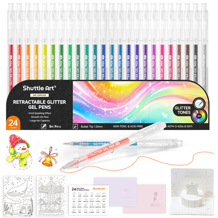 Retractable Glitter Colored Gel Pens - Set of 24 Vibrant Sparkle, 1.0mm