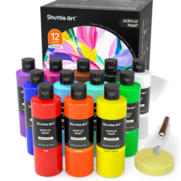 12 Colors Acrylic Paint - Set of 250ml/8.45oz Bottles