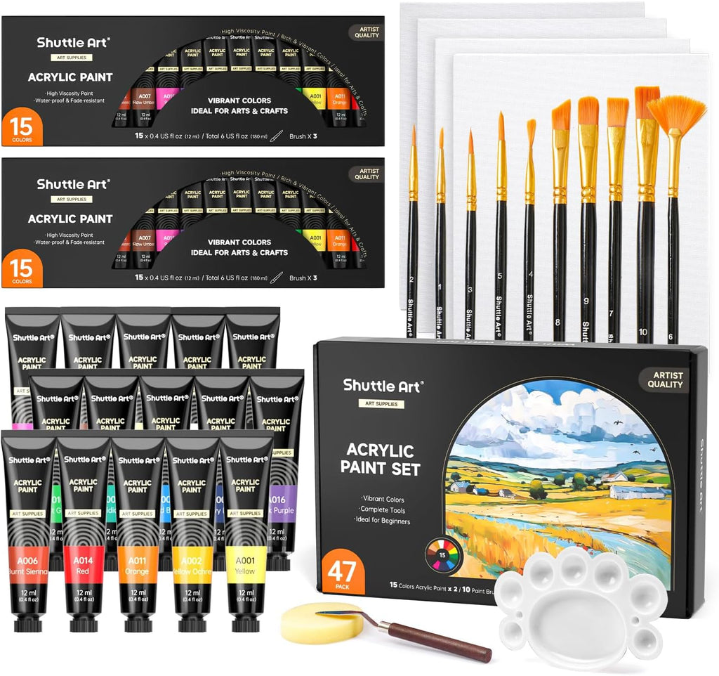 Acrylic Paint, 15 Colors*2 Pack, 10 Brushes - Set of 47 — Shuttle Art
