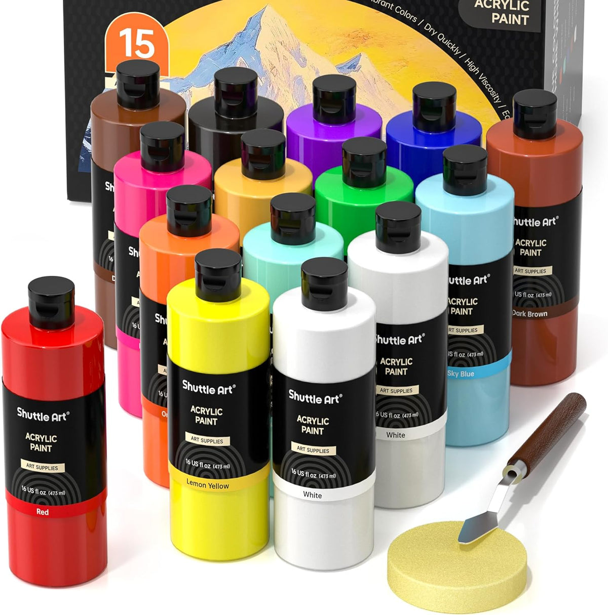 Acrylic Paint Large Bottle Set 15 Pack 473ml/16oz Each — Shuttle Art