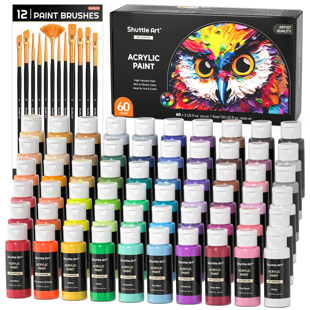 Acrylic Paint Set - 72 Pack, 60 Colors && 12 Brushes — Shuttle Art