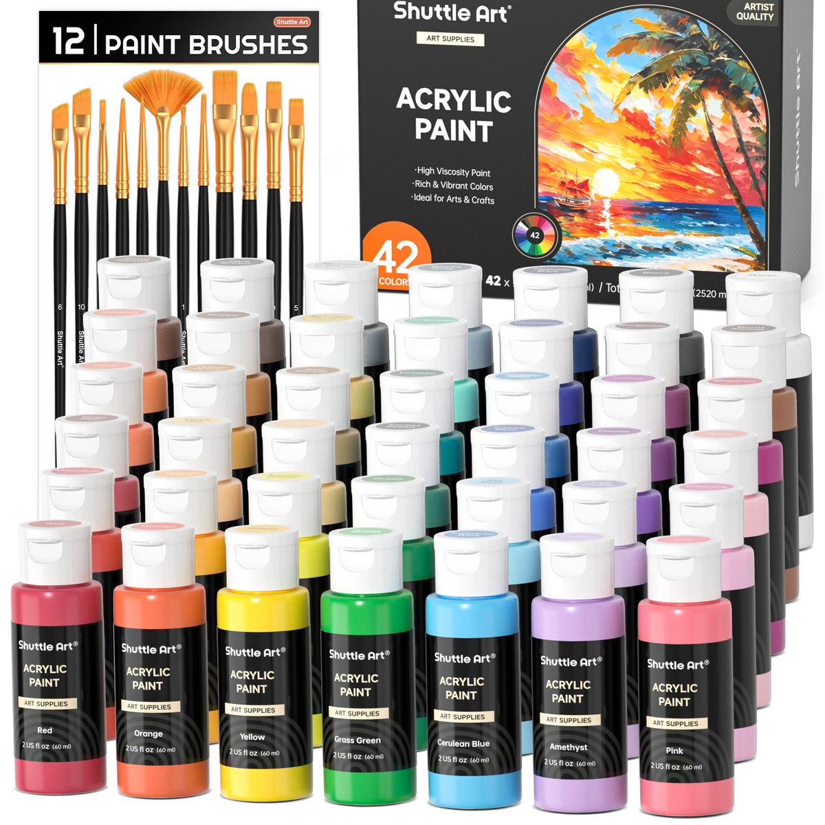 Acrylic Paint Set - 42 Colors with 12 Paint Brushes — Shuttle Art