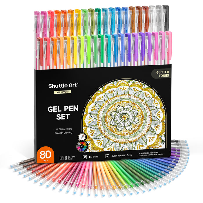 Colored Glitter Gel Pens, 40 Colors Gel Pen with 40 Refills - Set of 80
