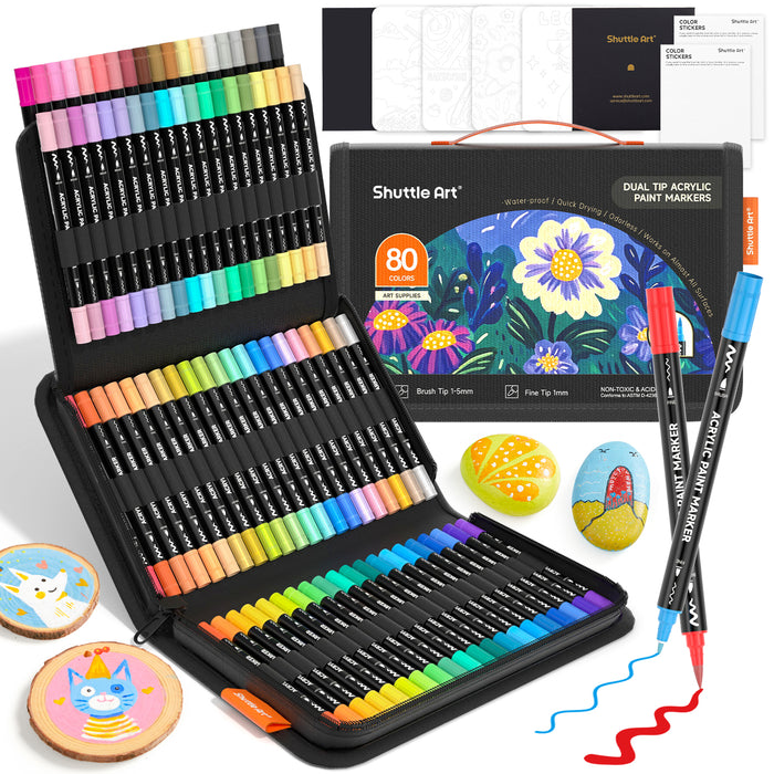 80 Colors Dual Tip Acrylic Paint Markers - Set of  Brush Tip and Fine Tip Acrylic Paint